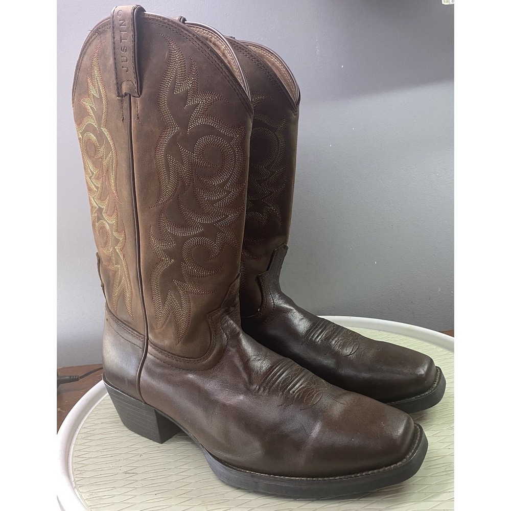 Justin Mens Leather Western Boots Brown Riding Cowboy Boots Square Toe Sz. 11 EE